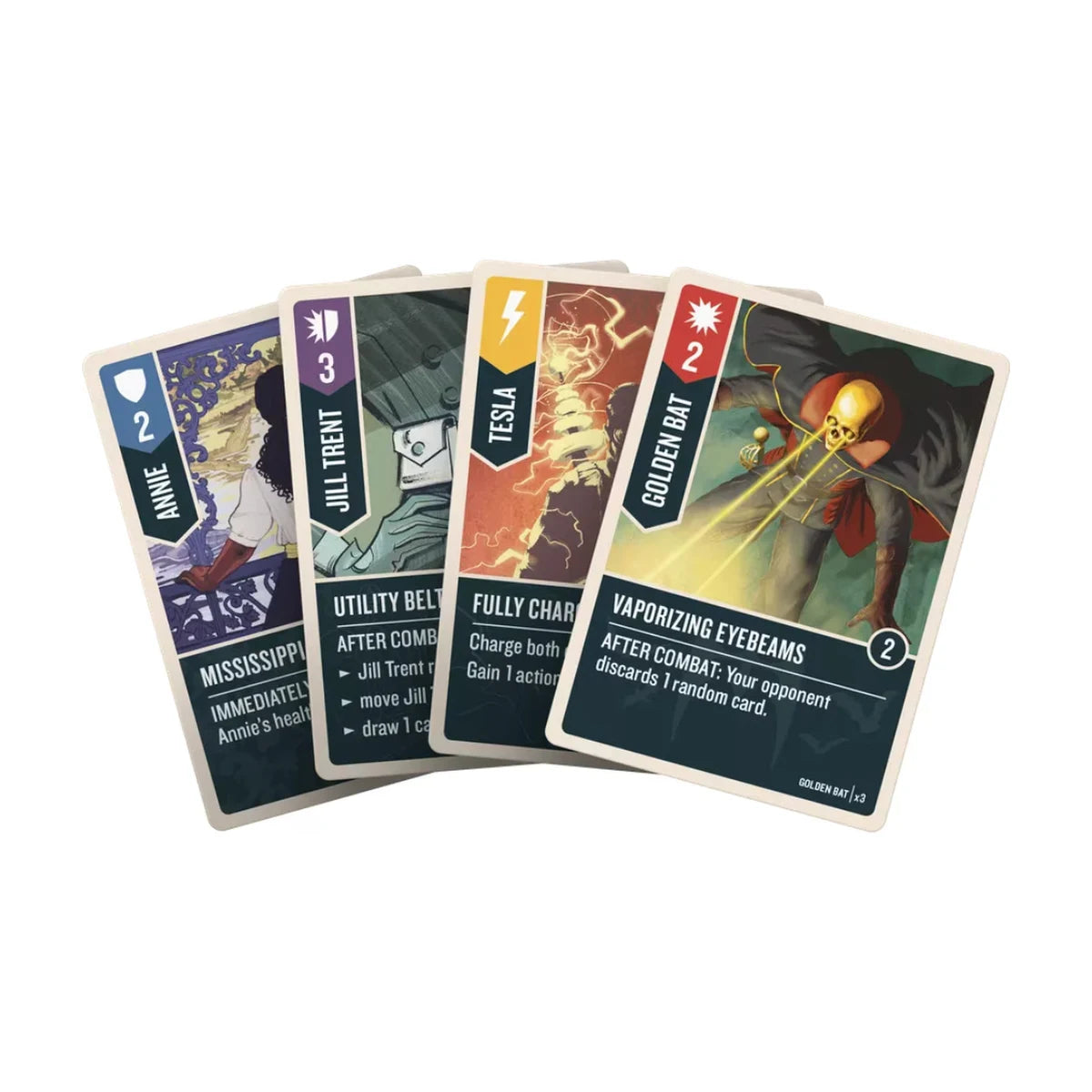Unmatched Adventures Tales to Amaze hero cards showing Annie Christmas, Jill Trent, Nikola Tesla and Golden Bat abilities