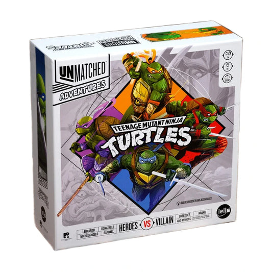 Unmatched Adventures Teenage Mutant Ninja Turtles board game box with Leonardo Donatello Michelangelo and Raphael