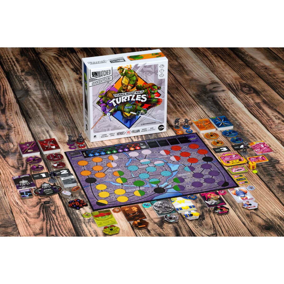 Unmatched Adventures Teenage Mutant Ninja Turtles full game setup with board cards tokens and miniatures
