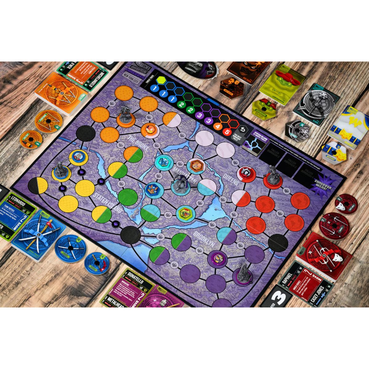 Unmatched Adventures TMNT board close up showing New York map cards tokens and character areas