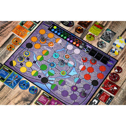 Unmatched Adventures TMNT board close up showing New York map cards tokens and character areas
