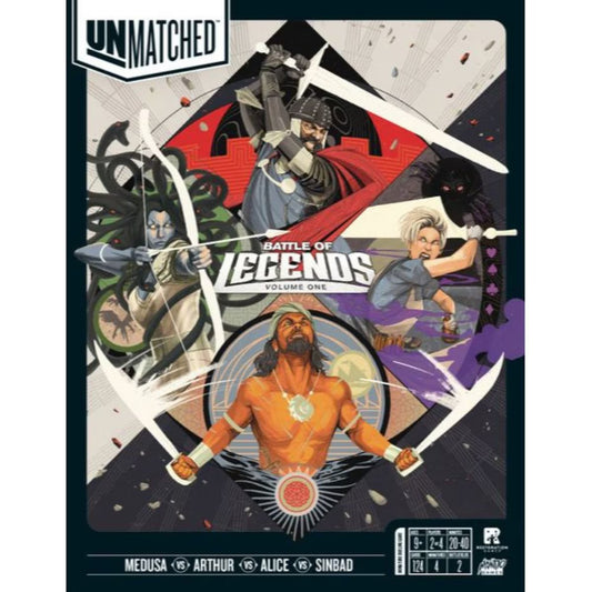 Unmatched Battle of Legends Vol 1 board game box cover with King Arthur Alice Medusa and Sinbad