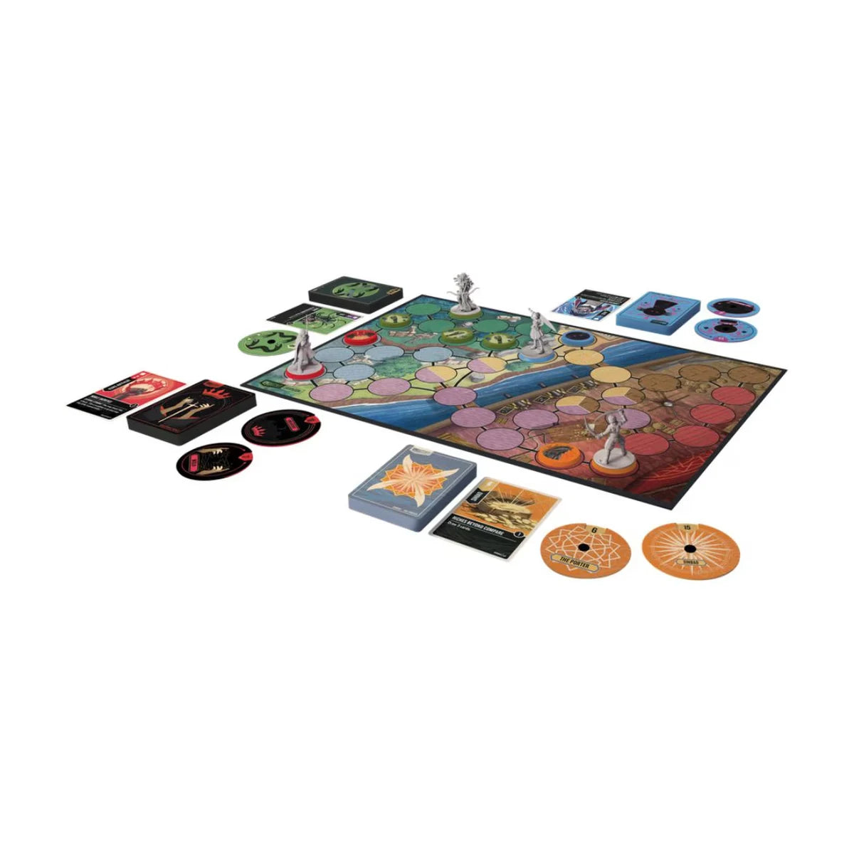 Unmatched Battle of Legends Vol 1 game setup with miniatures cards health dials and double sided battlefield