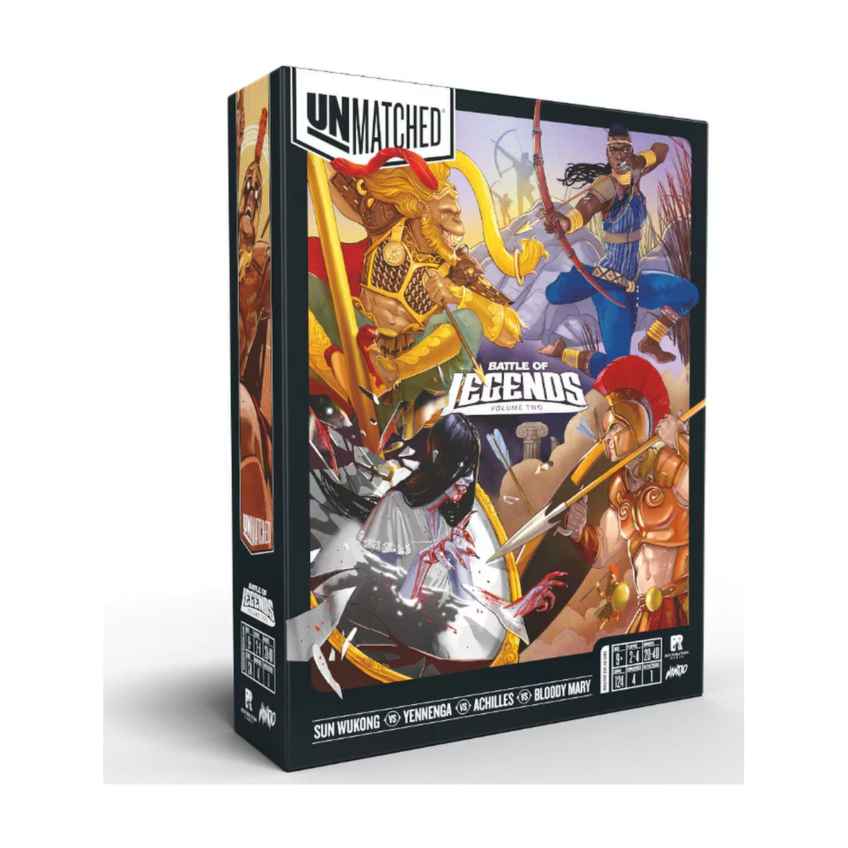 Unmatched Battle of Legends Vol 2 board game box cover featuring Sun Wukong Yennenga Achilles and Bloody Mary