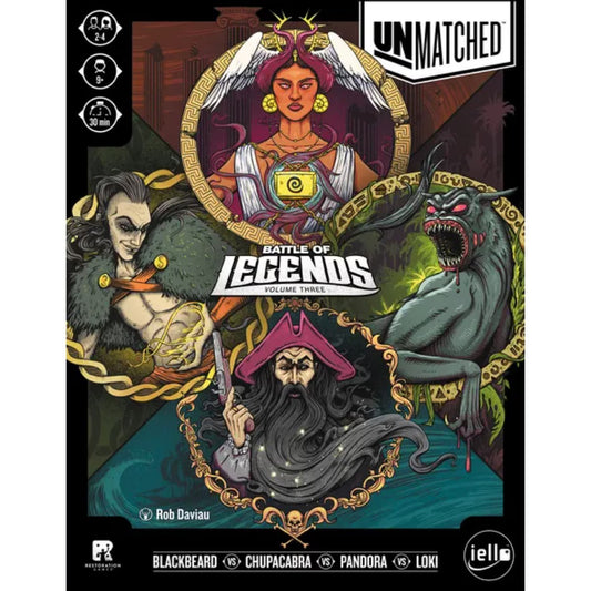 Unmatched Battle of Legends Vol 3 tactical miniature fighting board game front cover with Blackbeard Pandora Loki and Chupacabra