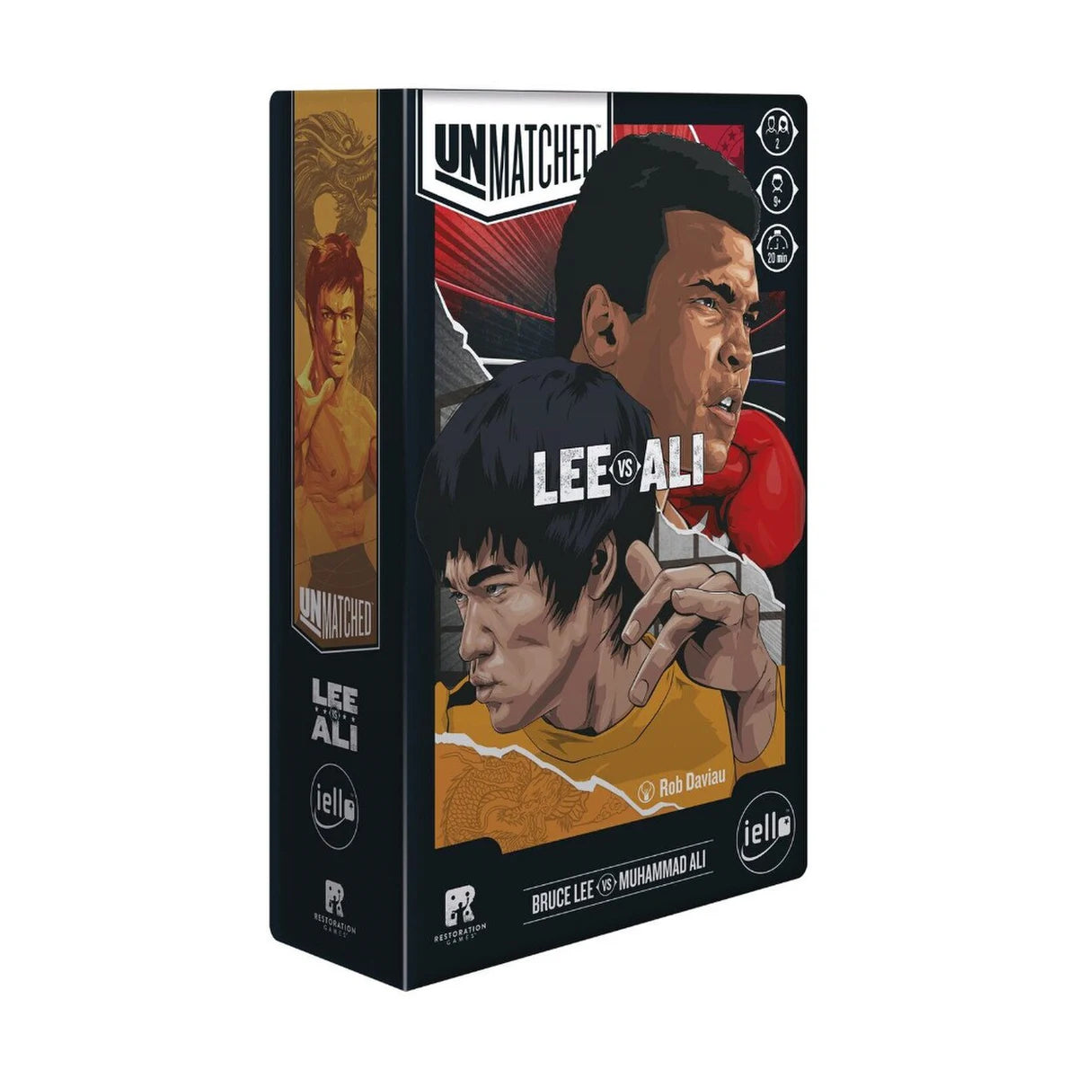 Unmatched Lee vs Ali board game box cover featuring Bruce Lee and Muhammad Ali