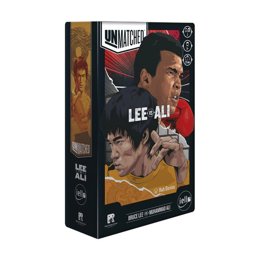Unmatched Lee vs Ali board game box cover featuring Bruce Lee and Muhammad Ali