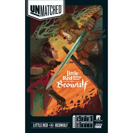 Unmatched Little Red vs Beowulf tactical miniature fighting board game front cover with Little Red Riding Hood and Beowulf