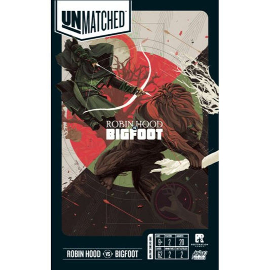 Unmatched Robin Hood vs Bigfoot board game box showing Robin Hood and Bigfoot tactical duel artwork