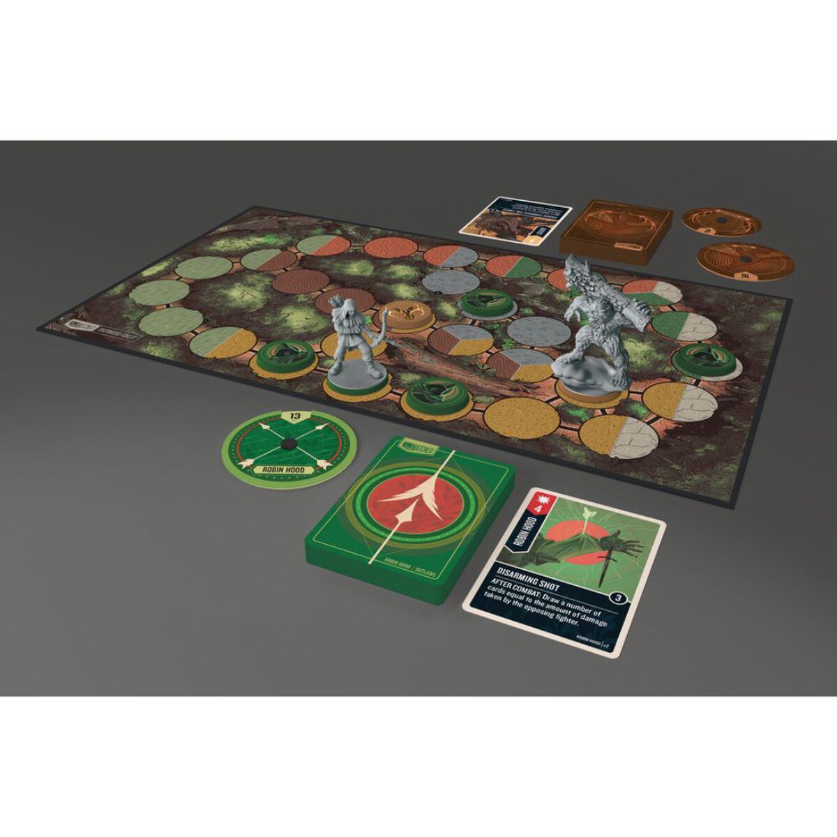 Unmatched Robin Hood vs Bigfoot board game setup with battlefield board, cards, miniatures and health dials
