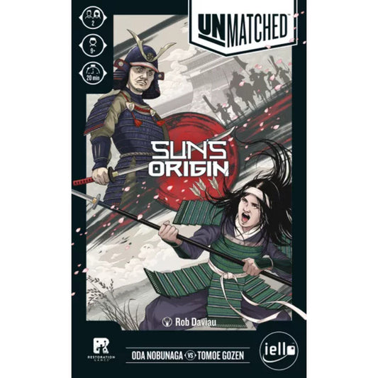 Unmatched Sun’s Origin board game box featuring Oda Nobunaga and Tomoe Gozen for 2 player tactical duels