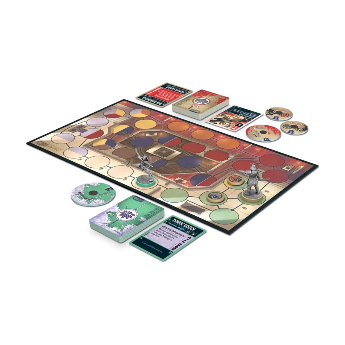 Unmatched Sun’s Origin gameplay setup with board, miniatures, cards and health dials