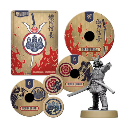 Oda Nobunaga miniature, Honor Guard tokens and cards from Unmatched Sun’s Origin board game