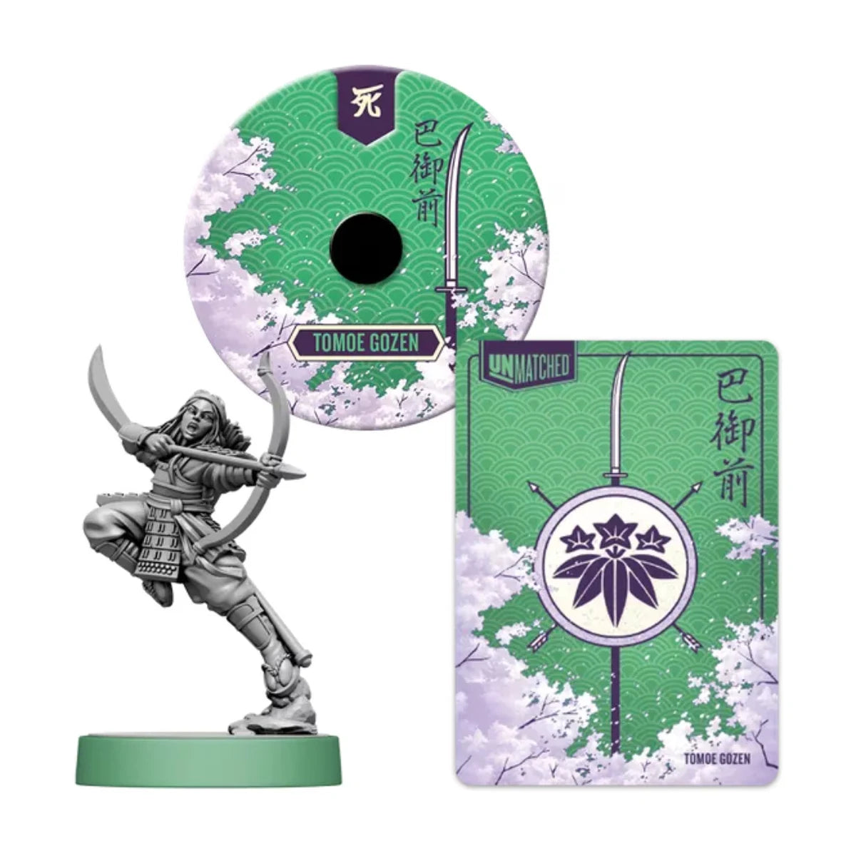 Tomoe Gozen miniature, character card and health dial from Unmatched Sun’s Origin board game