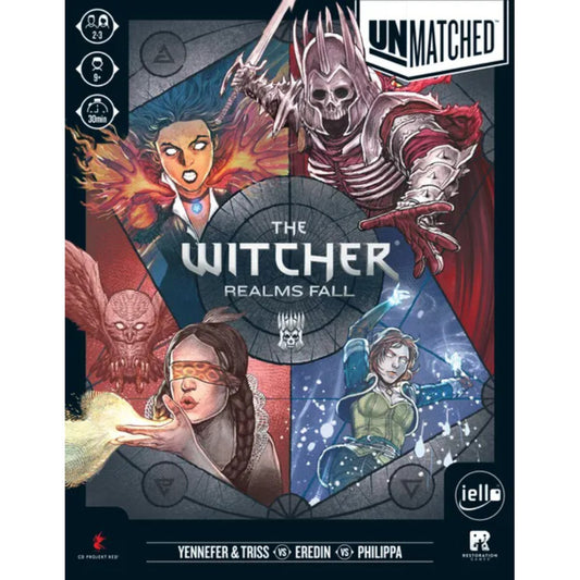 Unmatched The Witcher Realms Fall board game box cover featuring Yennefer Triss Eredin and Philippa
