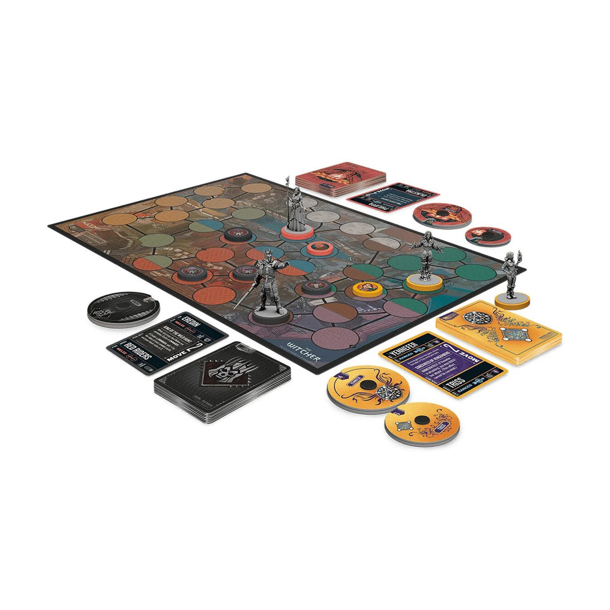 Unmatched The Witcher Realms Fall board game setup with miniatures cards tokens and double sided battlefield