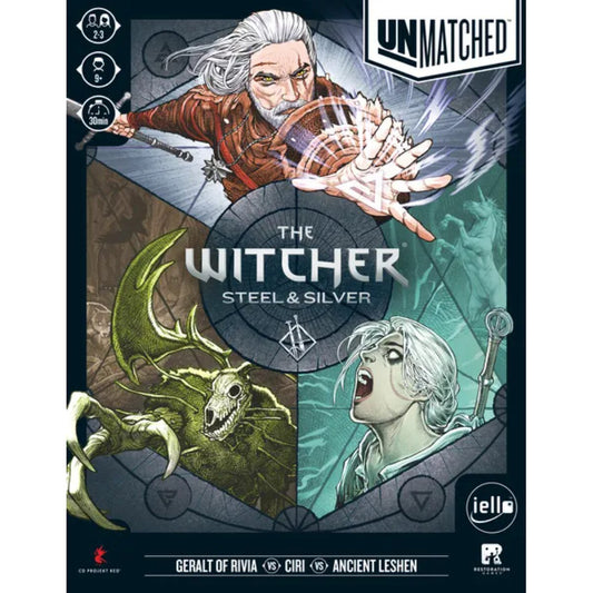Unmatched The Witcher Steel and Silver board game box cover featuring Geralt Ciri and Ancient Leshen