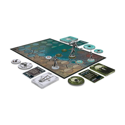 Unmatched The Witcher Steel and Silver board game setup with miniatures cards health dials and battlefield board