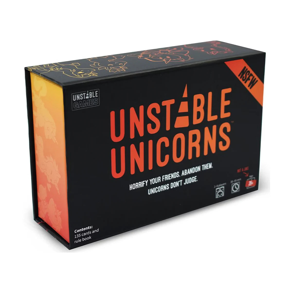 Unstable Unicorns NSFW Base Game box front with black and orange adult edition packaging