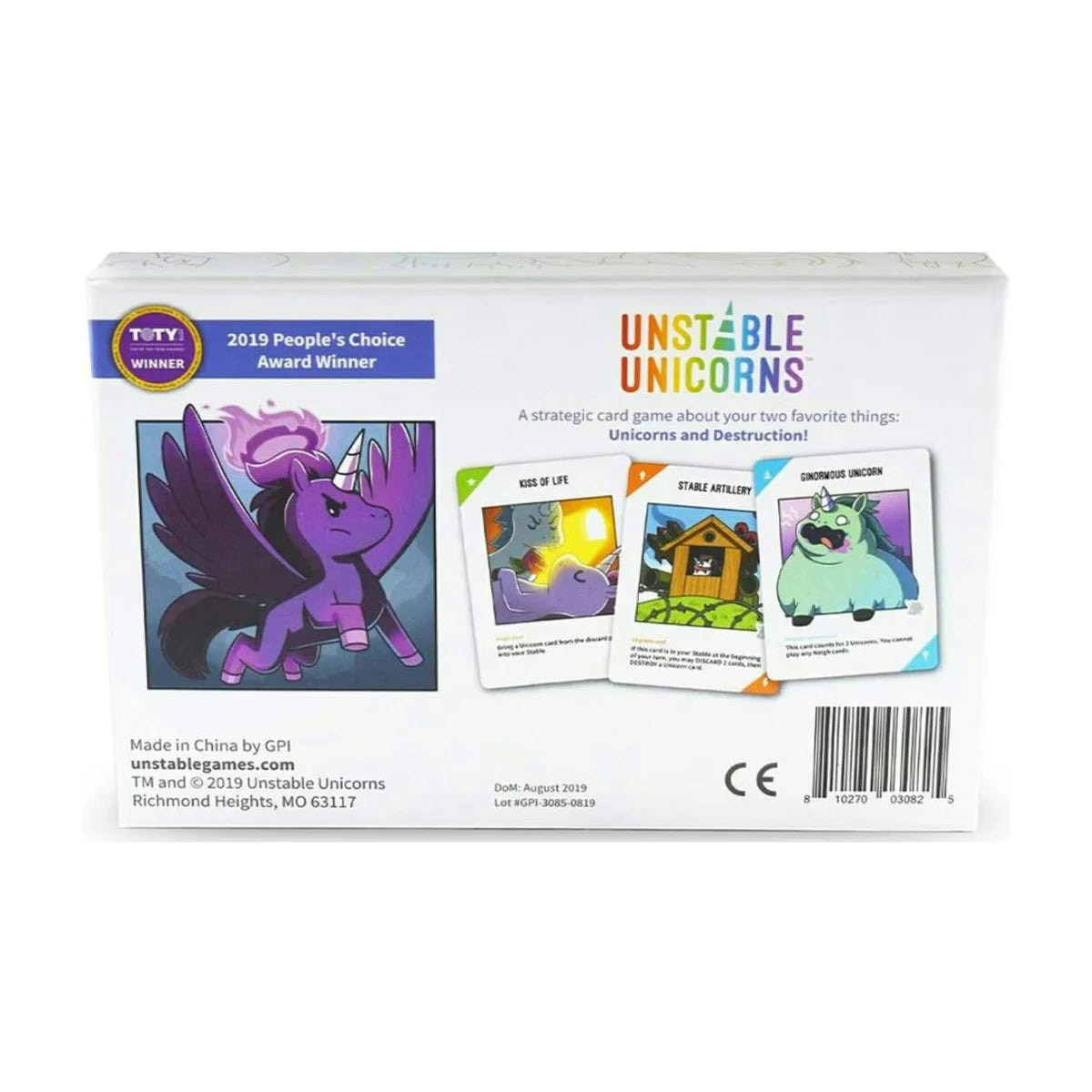Unstable Unicorns base game card game box back with game details