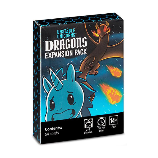 Unstable Unicorns Dragons Expansion Pack 54 card add on for the Unstable Unicorns base game featuring dragon themed cards