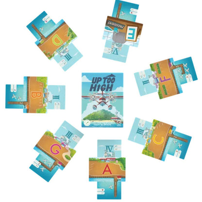 Up Too High Card Game layout showing seven airline companies and their airport cards