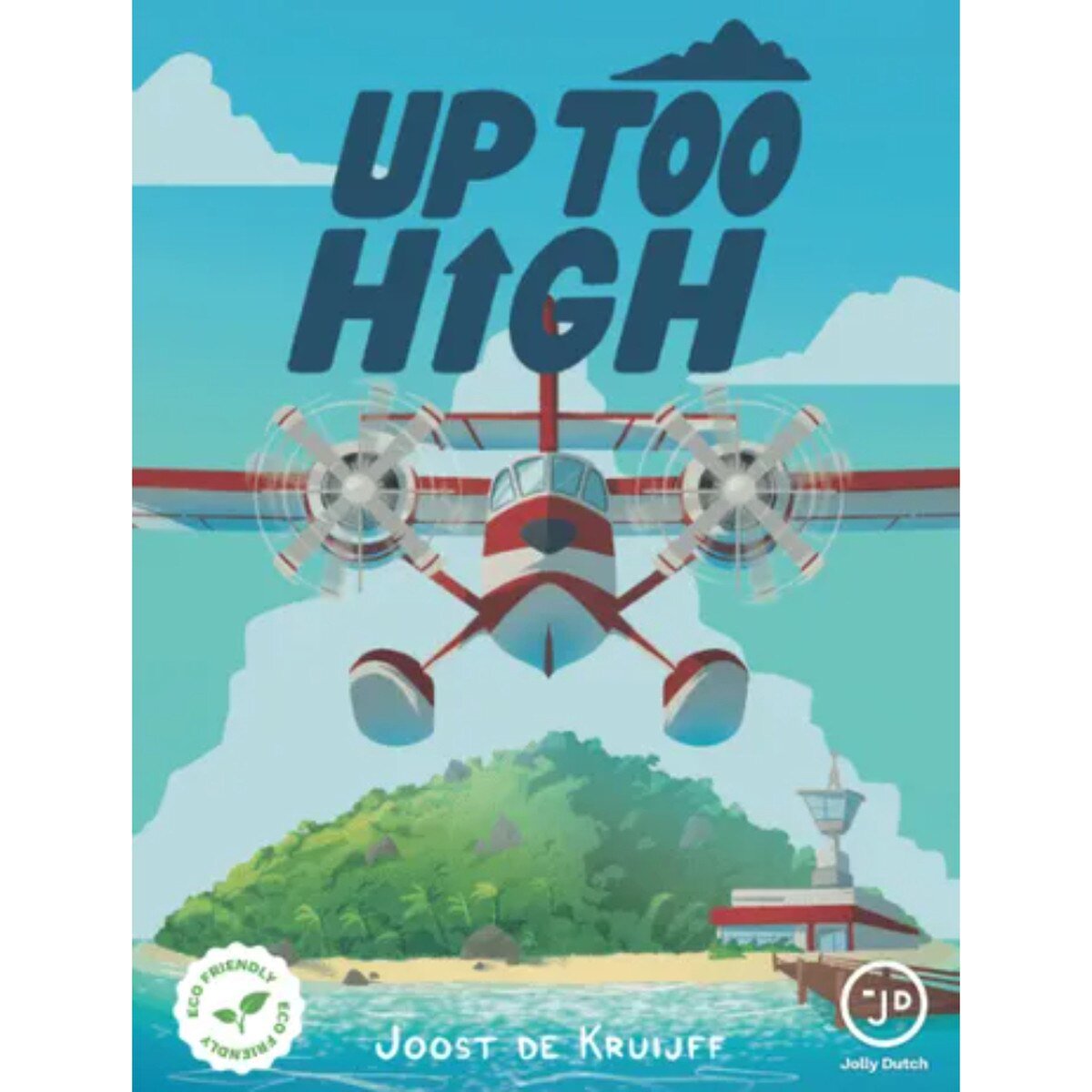 Up Too High Card Game front cover artwork showing an aeroplane approaching a tropical island