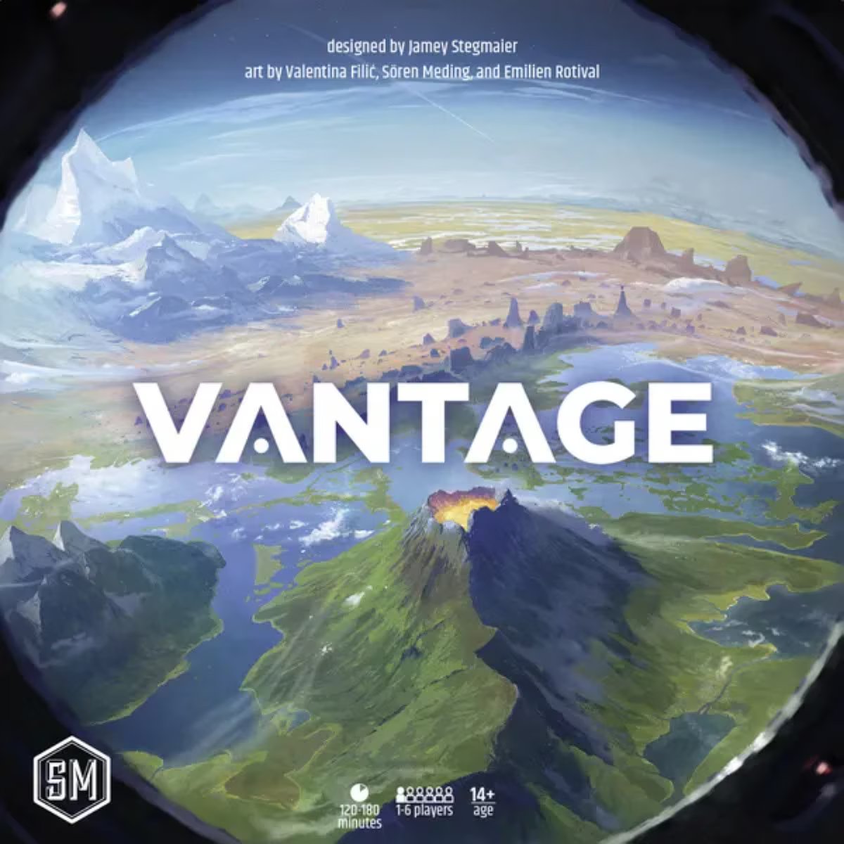 Vantage board game cover art showing an open world planet exploration adventure