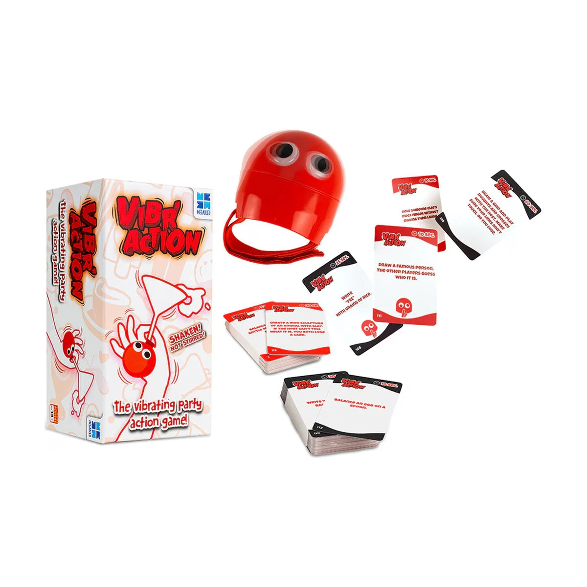 Vibr’Action party game components with Shaky vibrating device, cards and game box