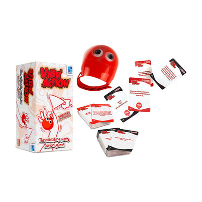 Vibr’Action party game components with Shaky vibrating device, cards and game box