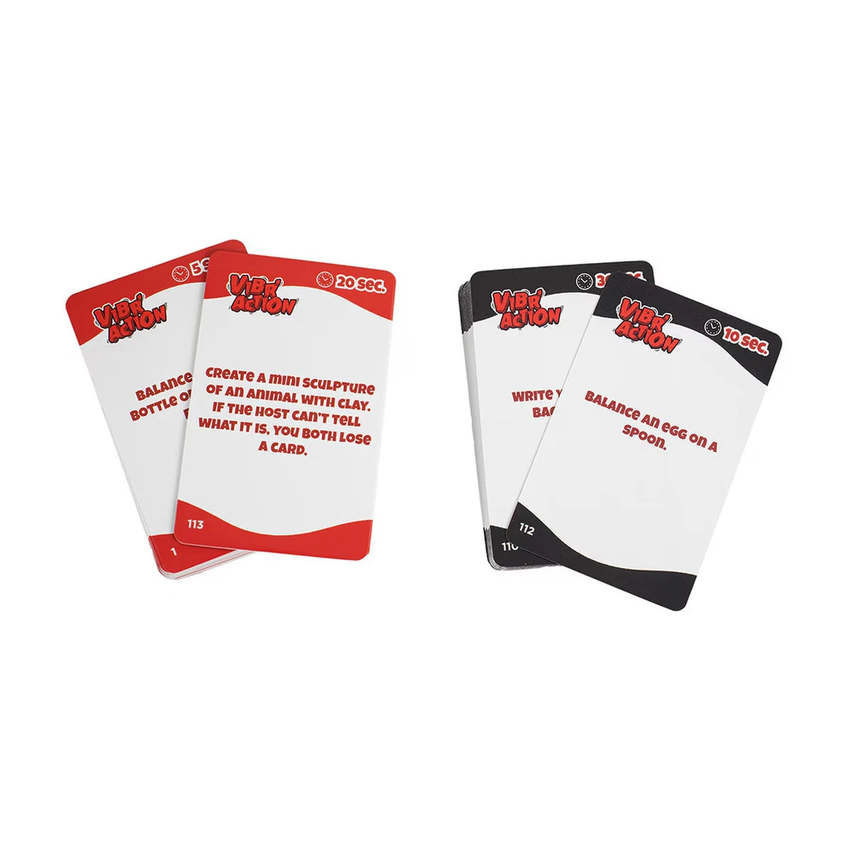 Vibr’Action party game red and black challenge cards close up showing timed funny tasks for game night