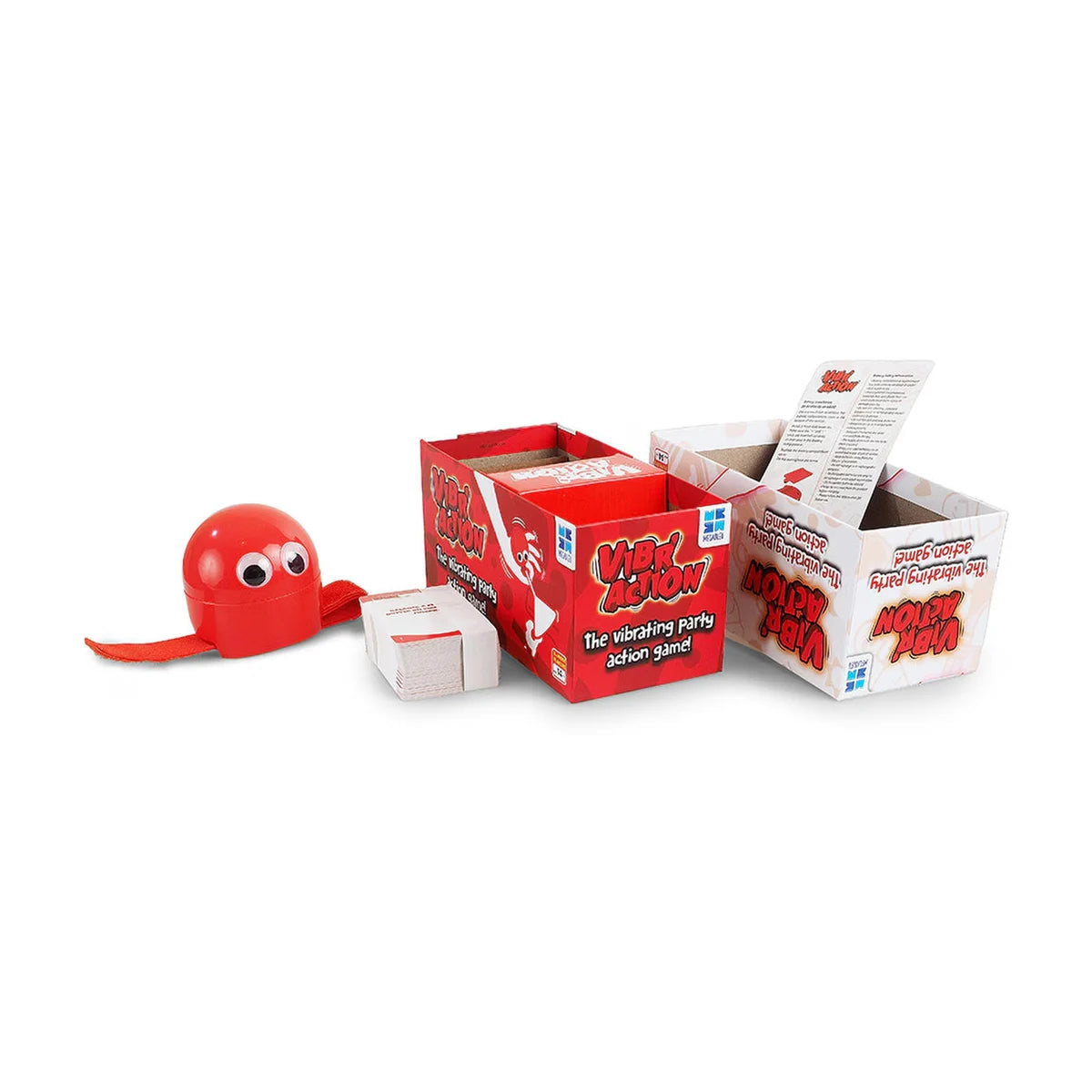 Vibr’Action party game unboxed with Shaky vibrating device, challenge cards, packaging and instruction sheet