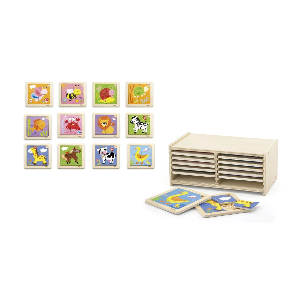 Viga wooden puzzle storage set with 12 assorted 4-piece puzzles for kids