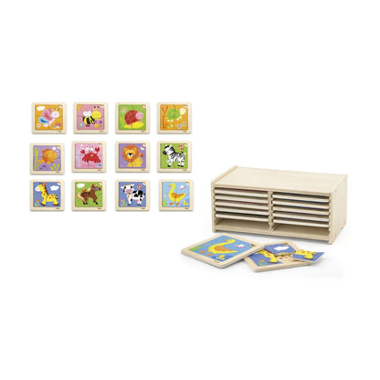 Viga wooden puzzle storage set with 12 assorted 4-piece puzzles for kids