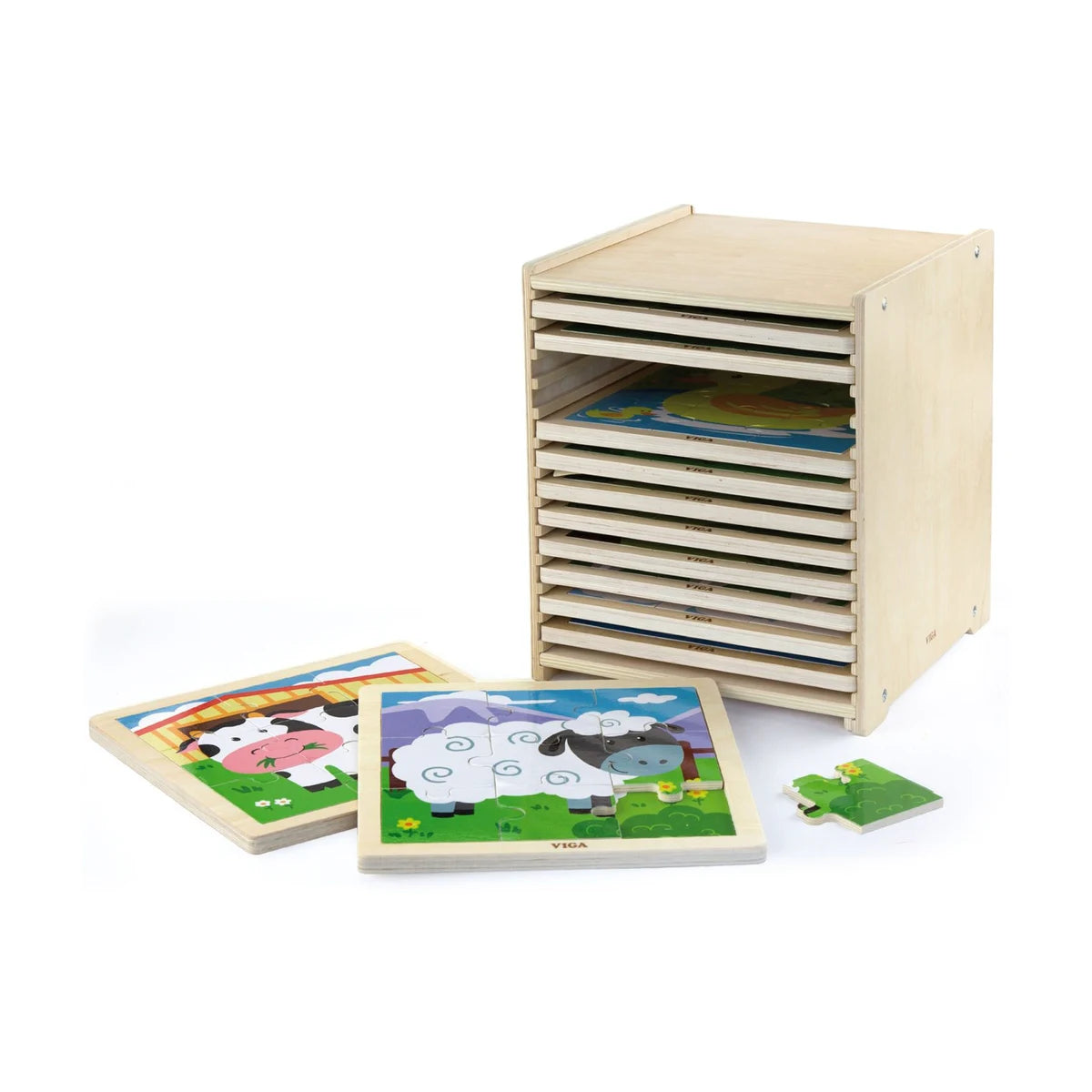 Viga wooden puzzle storage set with 12 assorted 9-piece puzzles