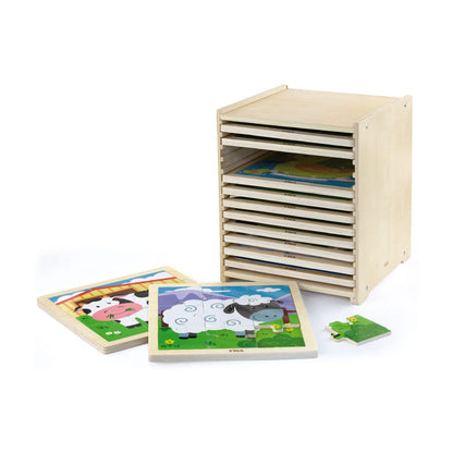 Viga wooden puzzle storage set with 12 assorted 9-piece puzzles