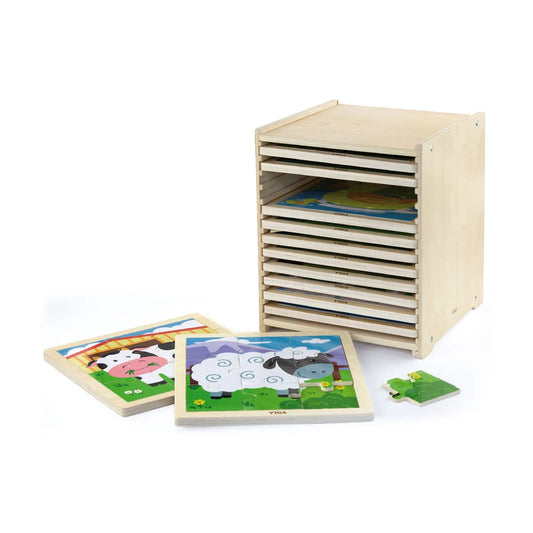 Viga wooden puzzle storage set with 12 assorted 9-piece puzzles
