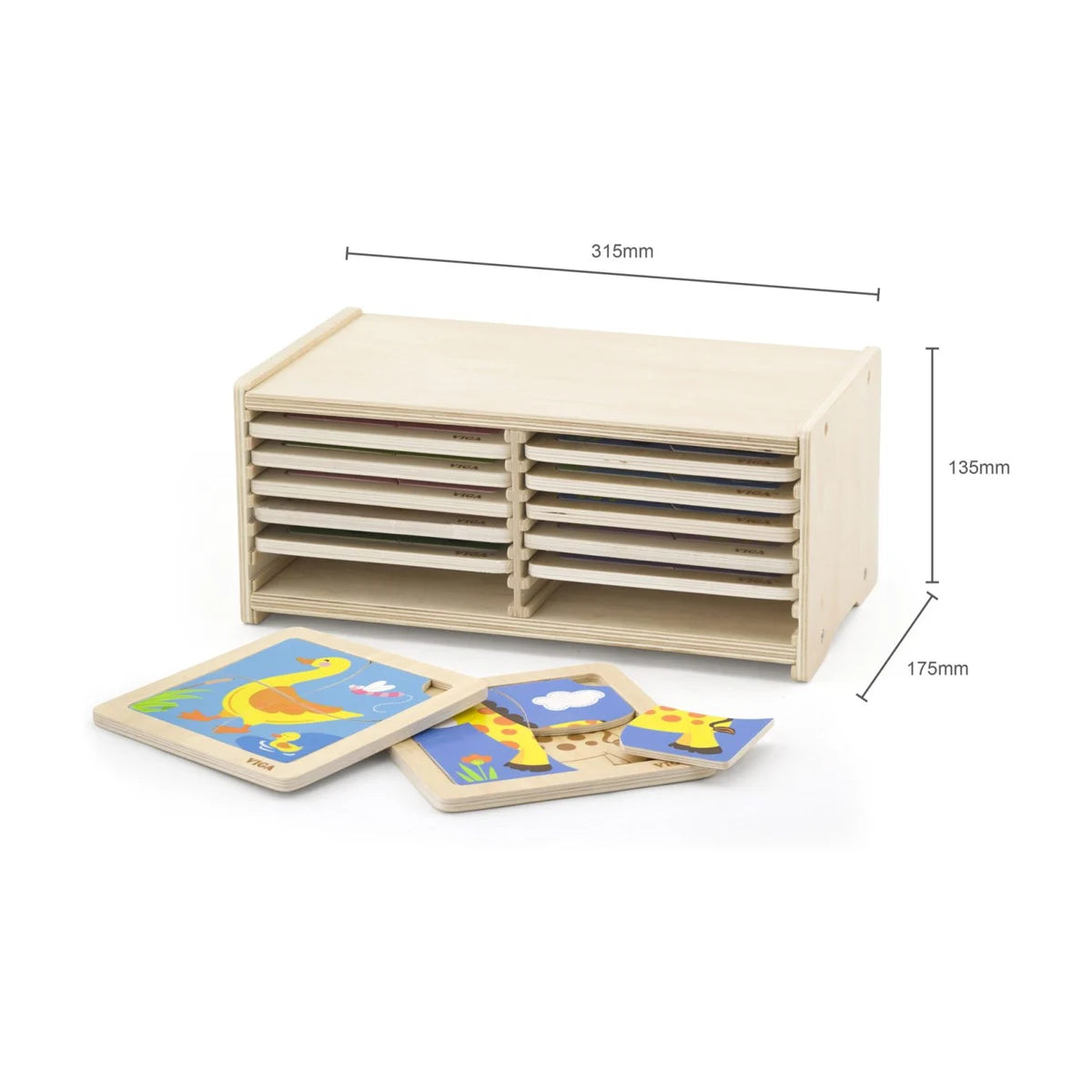 Viga wooden puzzle storage set showing product dimensions