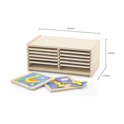 Viga wooden puzzle storage set showing product dimensions