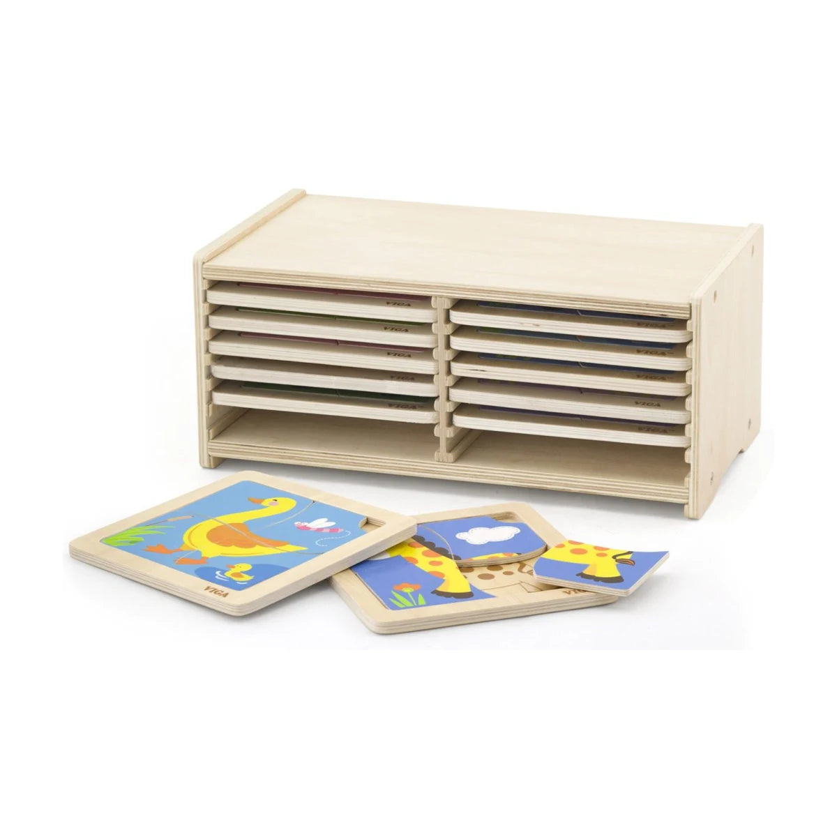 Viga wooden storage shelf with assorted 4-piece puzzles