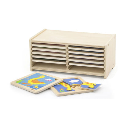 Viga wooden storage shelf with assorted 4-piece puzzles