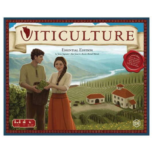 Viticulture Essential Edition board game front cover showing a Tuscan vineyard strategy game for 1 to 6 players