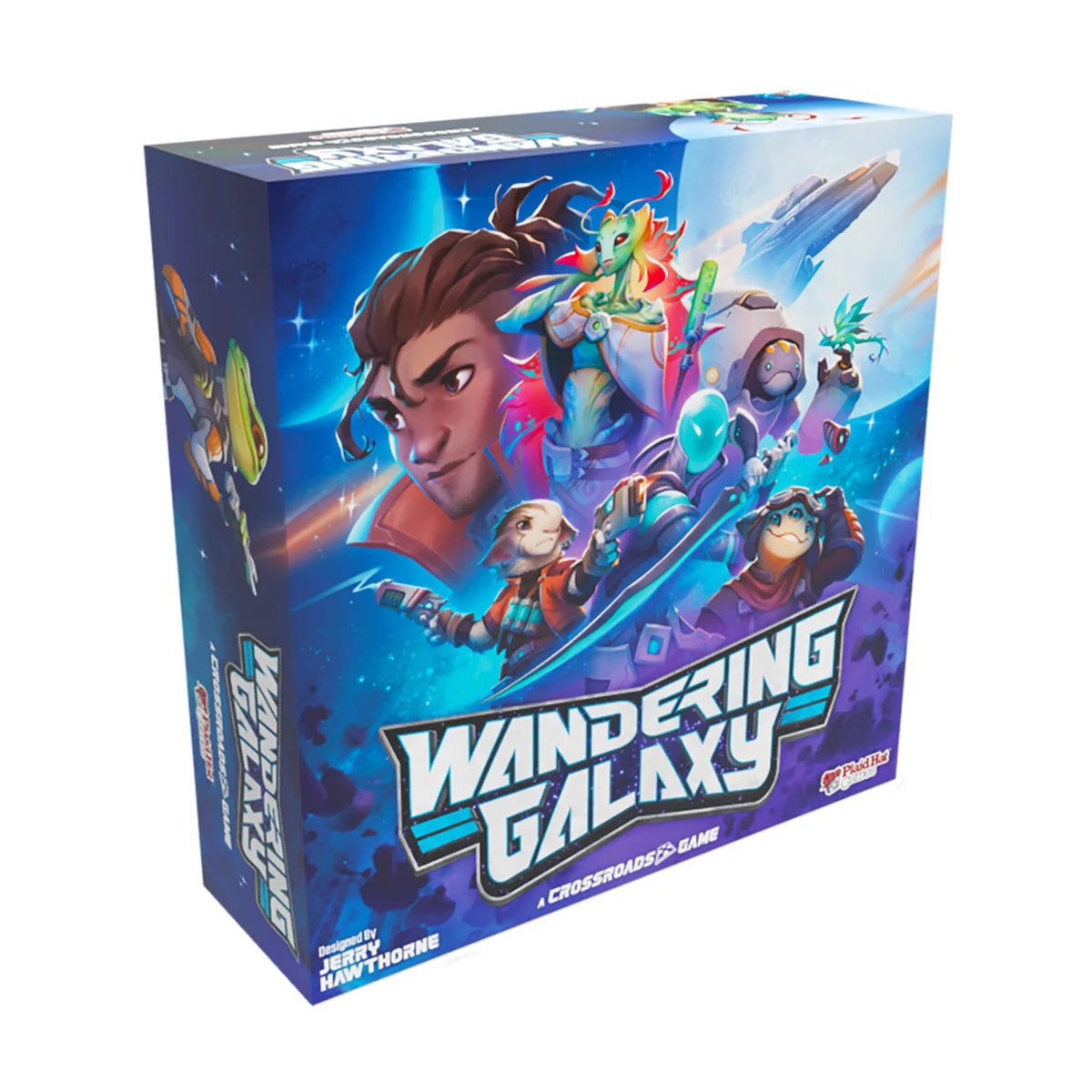 Wandering Galaxy A Crossroads Game board game box front with sci-fi crew and spaceship artwork