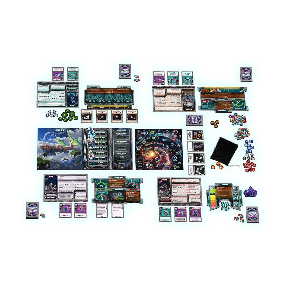 Wandering Galaxy A Crossroads Game components with cards boards tokens location book star map and player stations