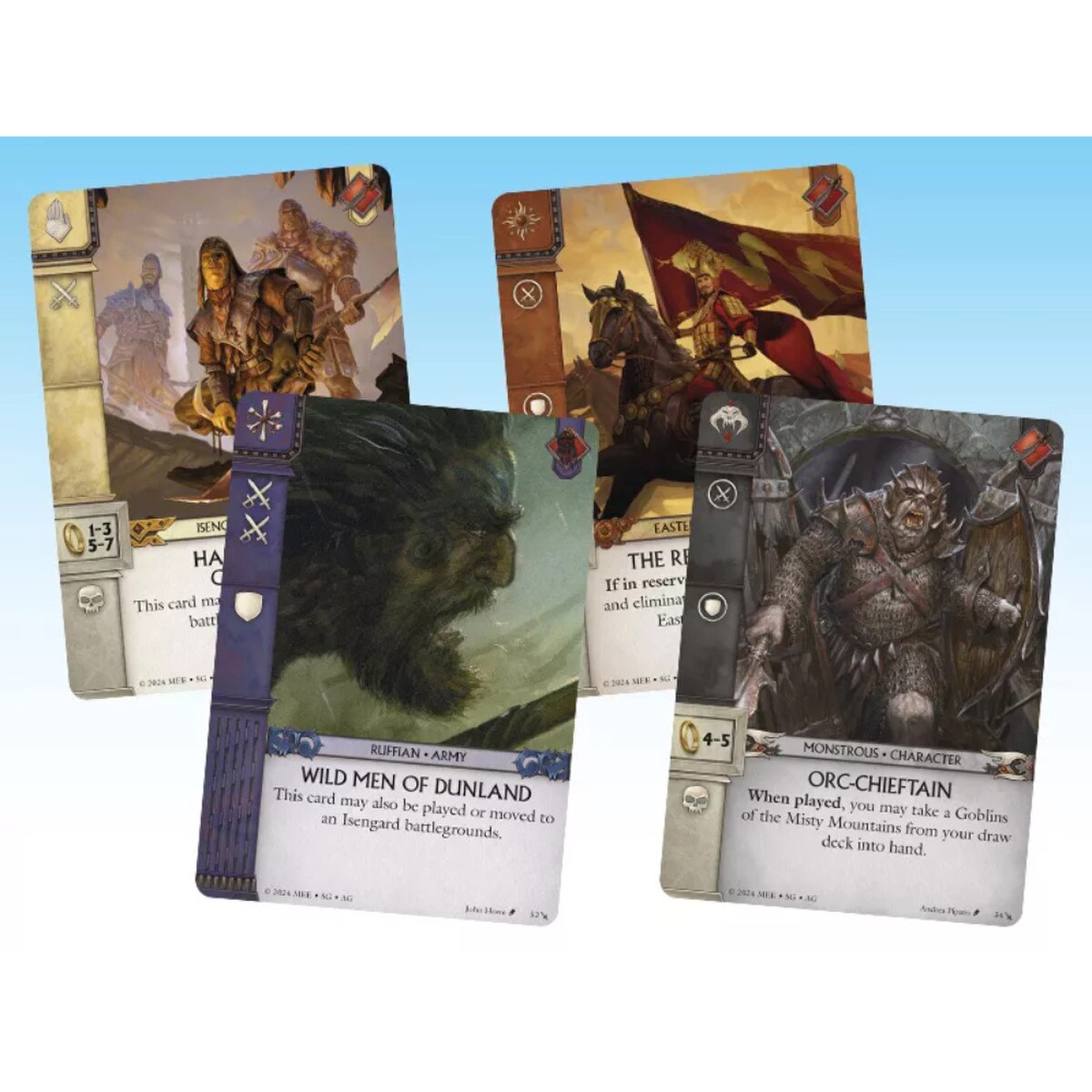 War of the Ring The Card Game Fire and Swords Expansion Shadow faction cards showing Orc Chieftain, Wild Men of Dunland and Easterling forces.