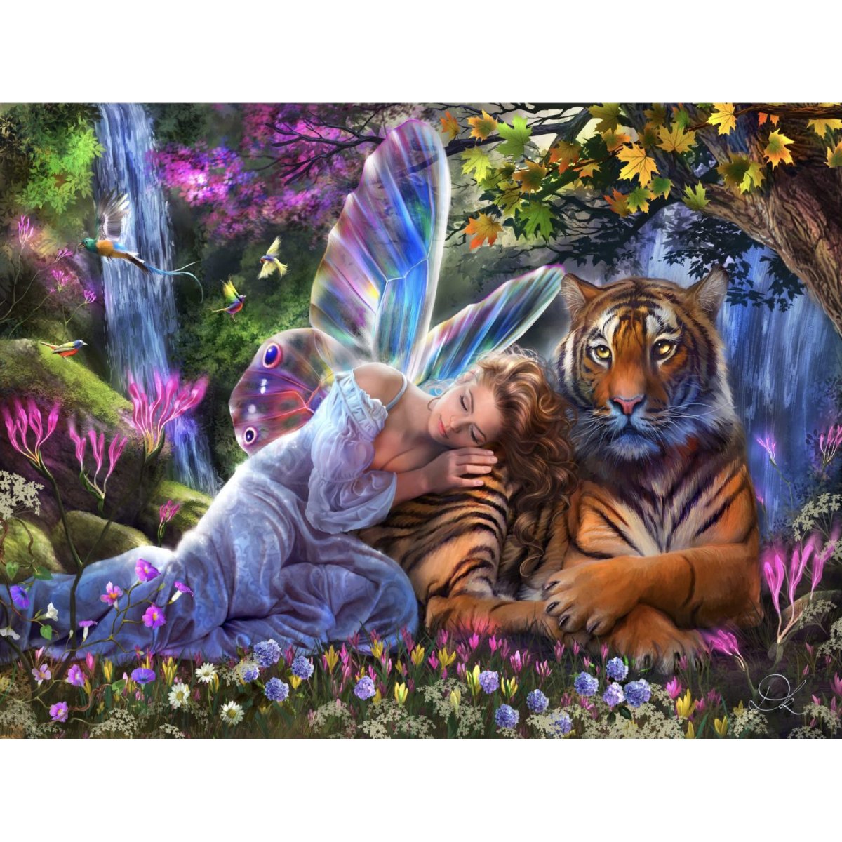 Completed Waterfall Whispers puzzle artwork showing a fairy-like sentinel with tiger in a waterfall forest