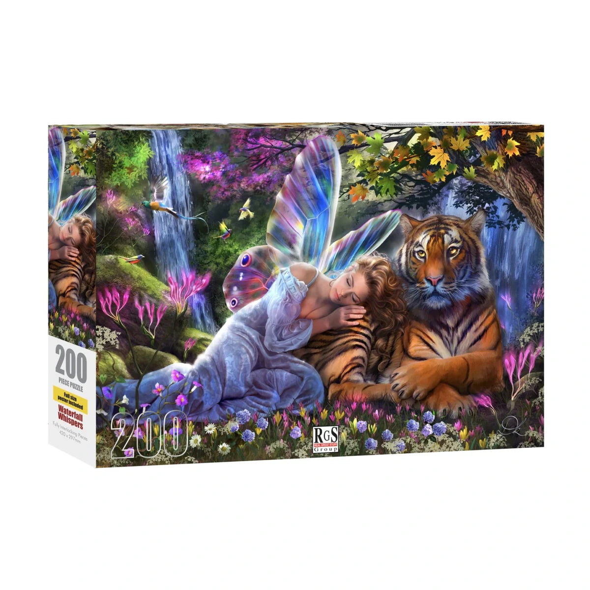 Waterfall Whispers 200 piece puzzle box showing tiger and enchanted forest artwork