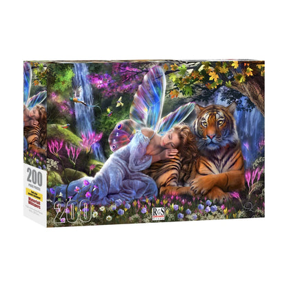 Waterfall Whispers 200 piece puzzle box showing tiger and enchanted forest artwork