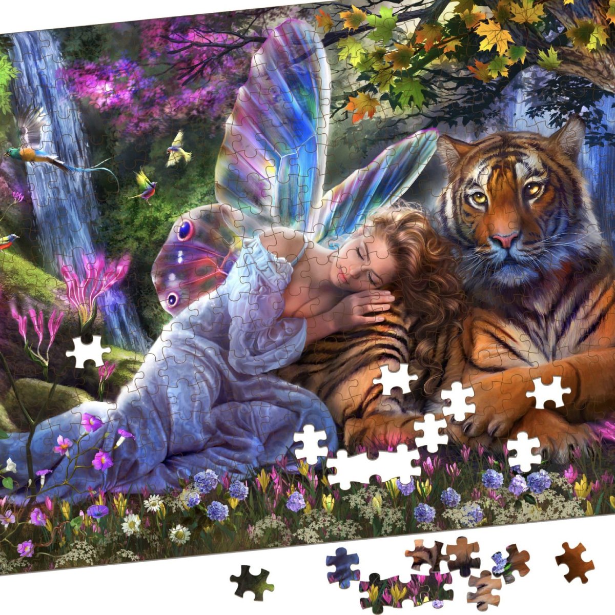 Waterfall Whispers 200 piece puzzle in progress with loose pieces on tiger and waterfall artwork