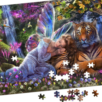 Waterfall Whispers 200 piece puzzle in progress with loose pieces on tiger and waterfall artwork